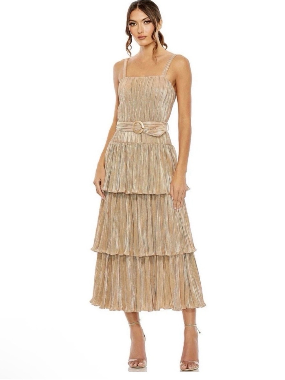 Ieena for MAC Duggal Tiered Metallic Gold Midi Dress with Belt Size 2 New